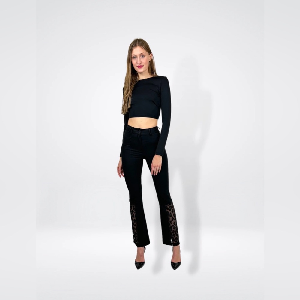 Black Contrast Lace Flare Leg Pants